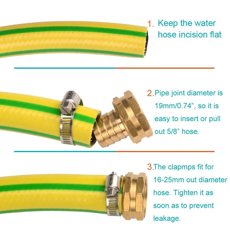 Gardeningwill 3Sets Brass 3/4" Garden Heavy Duty Hose Mender Repair End Replacement Male Female Connector with Stainless Clamp - Image 4